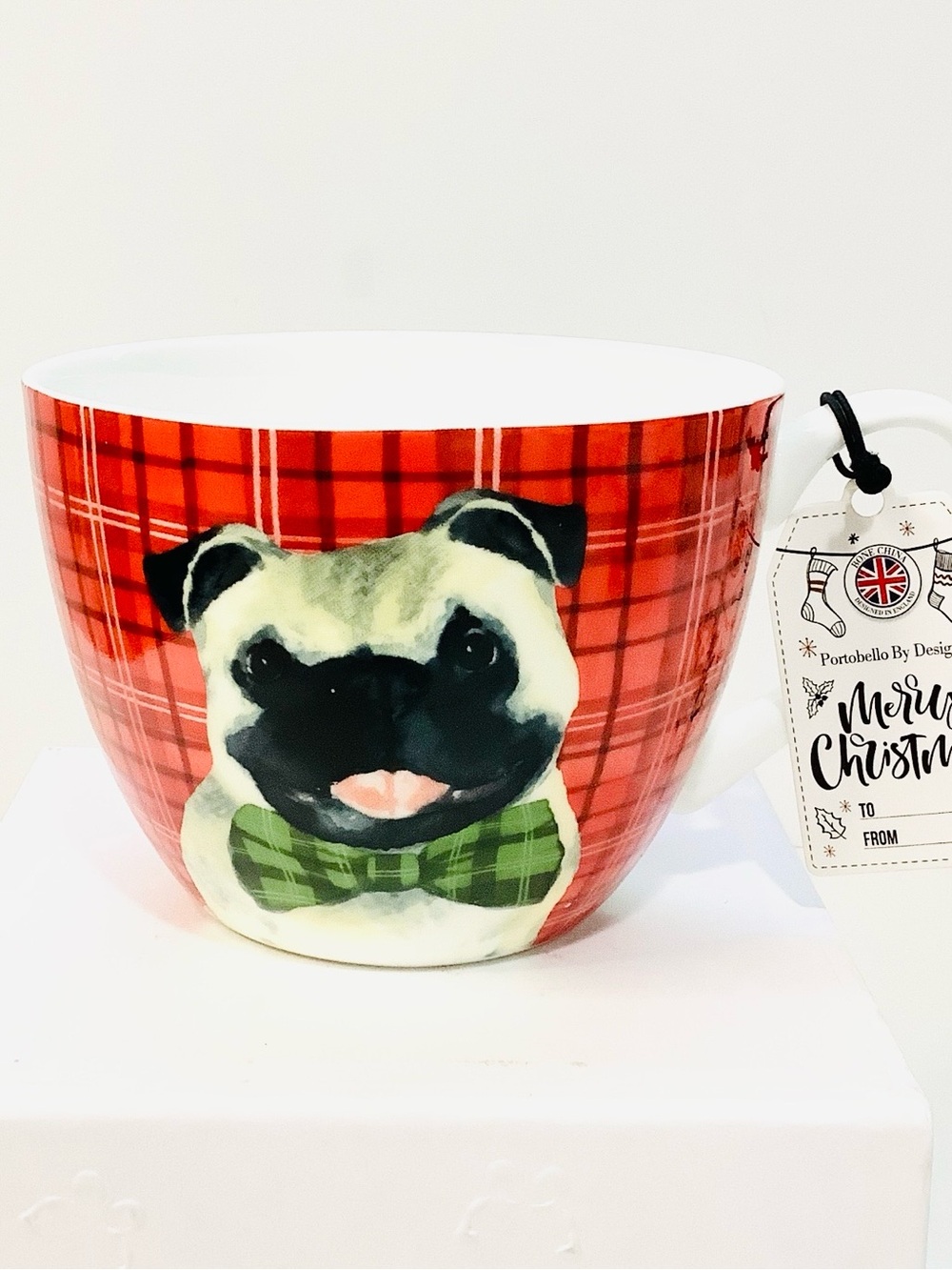 NEW Portobello By Design Bone China Red Plaid Cute Pug Coffee Tea Mug Christmas